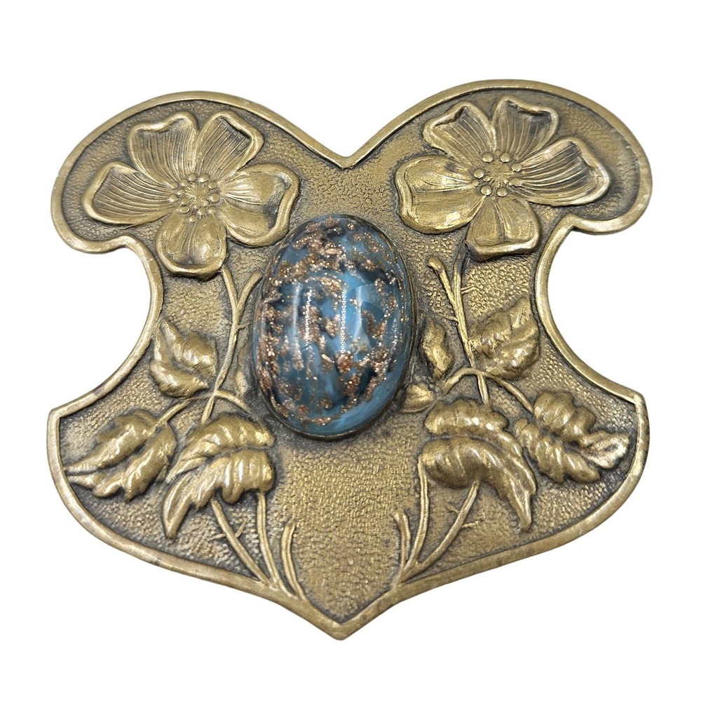 Art Nouvea Big Brass Shield Shape Floral  Blue Glass Gold Flakes Cabochon Brooch